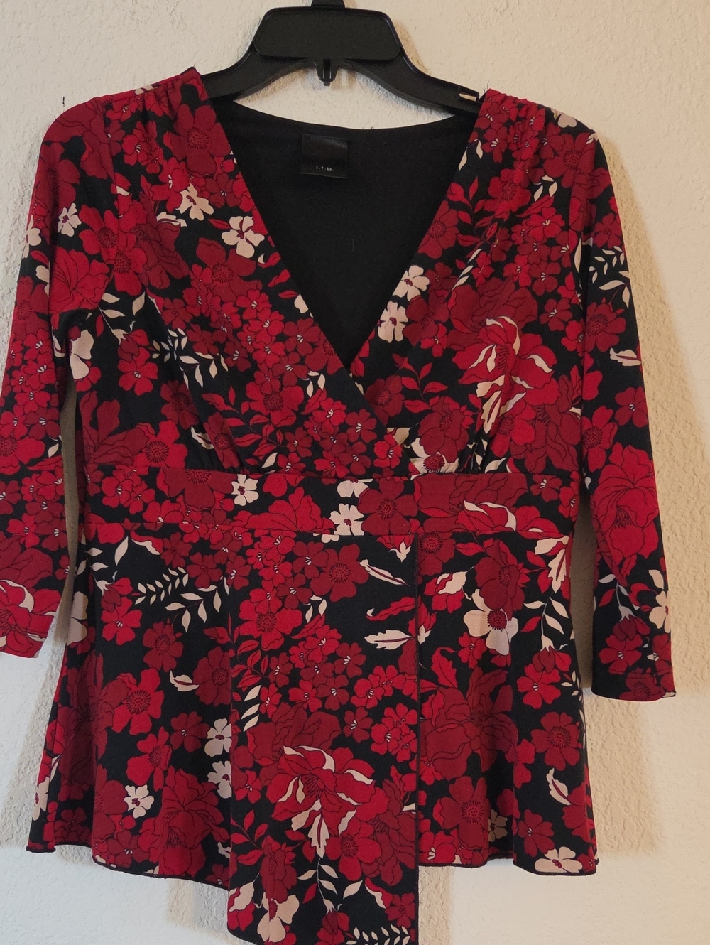 Red Floral V-Neck Wrap-Style Blouse